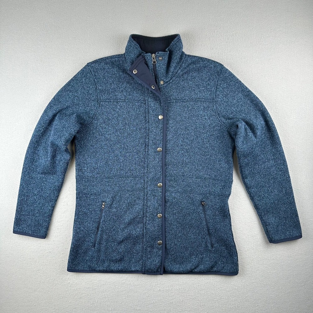 Eddie Bauer Sweater Fleece Jacket Women L Blue Marled Full Zip Snap Front 1395